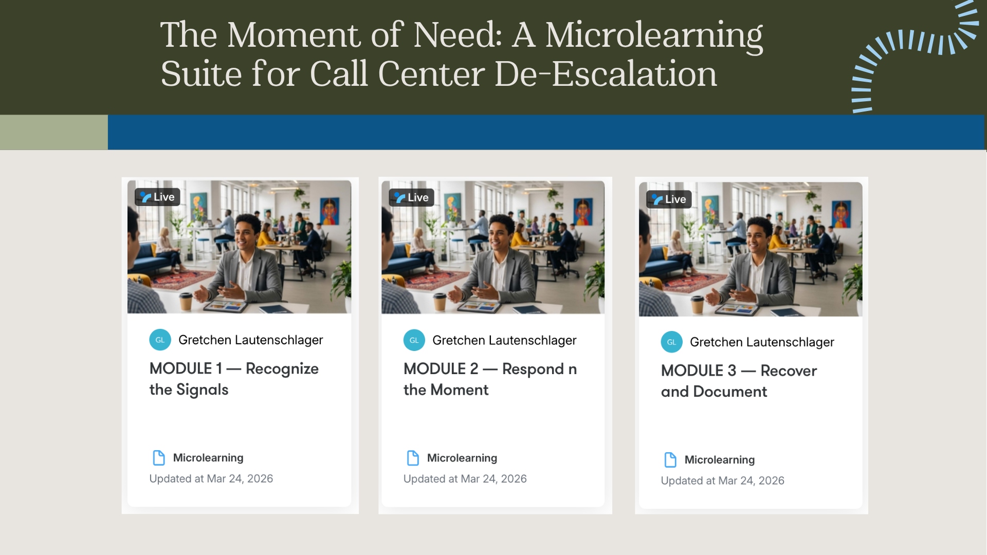 Microlearning suite showing three short module cards for call center de-escalation